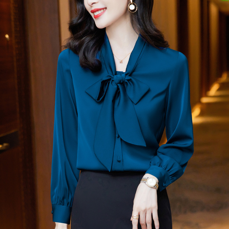 Bow tie single breasted cardigan casual shirt for women spring and autumn temperament solid color long sleeves western-style age-reducing shirt - Image 2