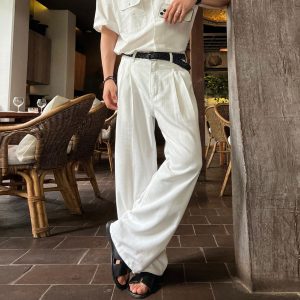 OOTD Korean Style Denim Jeans for Long-Legged Oppas: Loose White Wide-Leg Pants with Bamboo Texture - Korean Style Long Pants