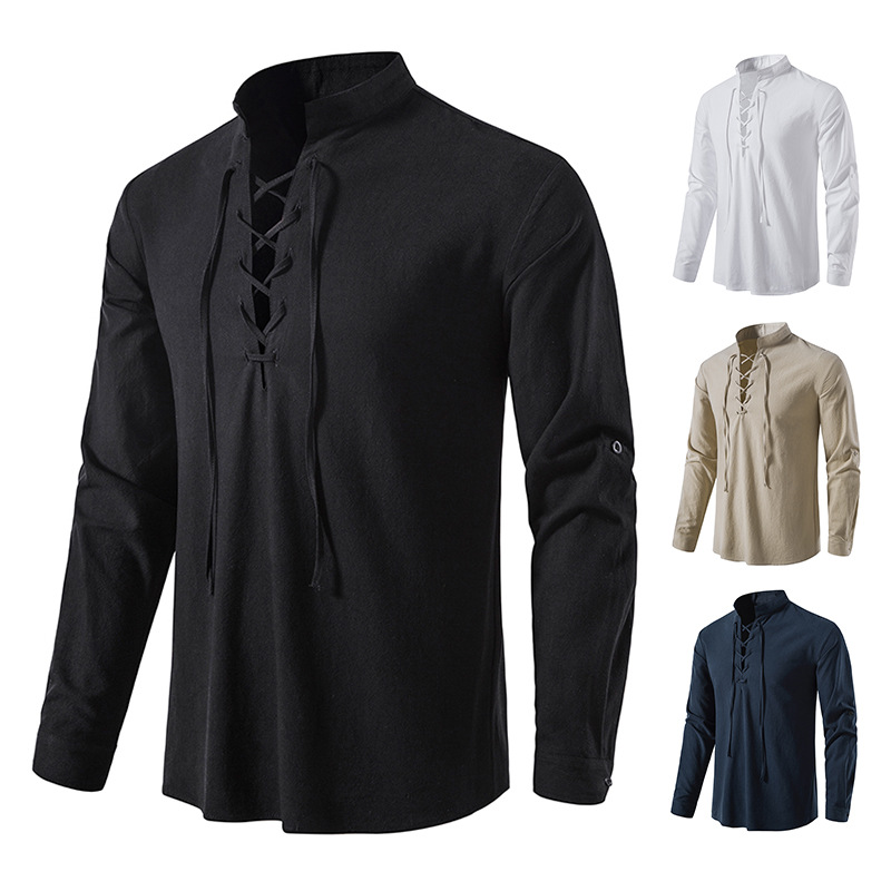 2023 Men's New Amazon Men's Cotton and Linen Henley Shirt Long Sleeve Hippie Casual Beach Stand Collar Shirt European Size - Image 5