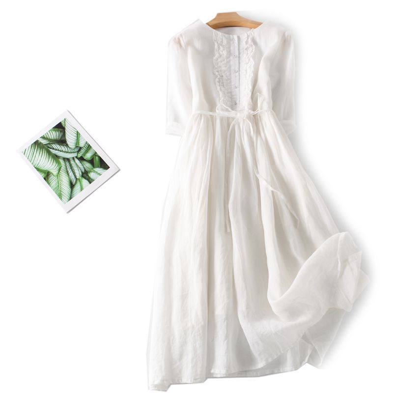 2023 Artistic Retro Ramie Round Neck Double-layer Fairy Lace-up Waist Medium-length Travel Dress Spring and Summer Women's Thin - Image 7