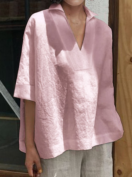2026 Spring/Summer Amazon European and American Cross-Border V-Neck Cotton Linen Versatile Solid Color Plus Size Loose Mid-Sleeve Women's Shirt - Image 7