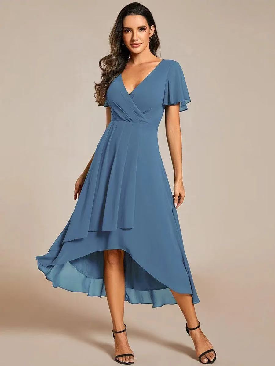 2025 Hot Selling New European and American Cross-border Summer Solid Color V-neck Ruffle Sleeve Chiffon Elegant Party Dress - Image 6