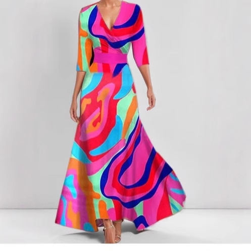 2025 European and American foreign trade Amazon fashion elegant temperament V-neck women's printed tie-waist full skirt dress - Image 4