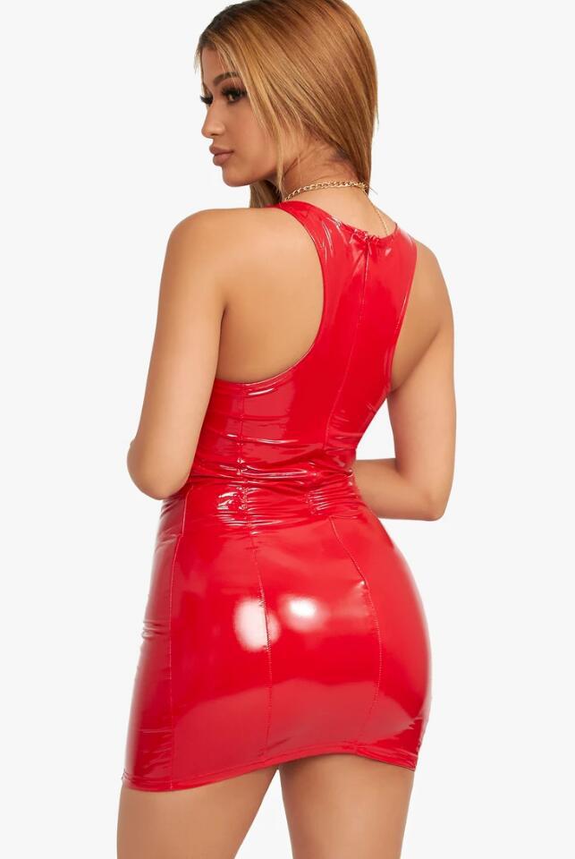 2022 color imitation leather dress zipper PU high elastic round neck one-piece short skirt four-sided elastic leather skirt package hip skirt - Image 4
