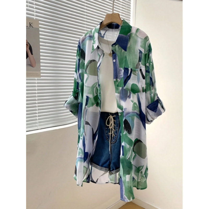 Amazon mid-length loose chiffon blouse with green and blue color blocking abstract print, lightweight and breathable, 2026 European and American cross-border style. - Image 3