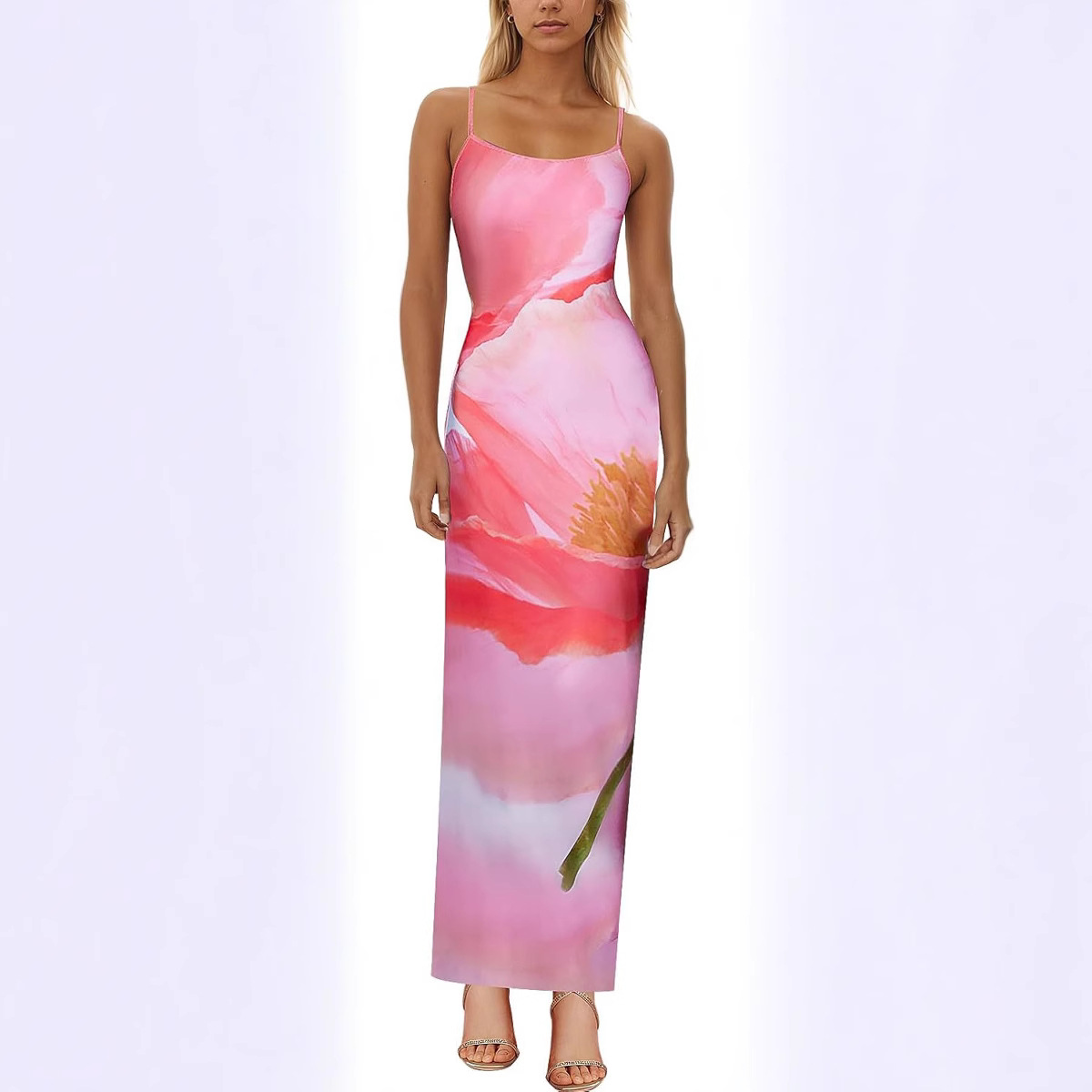 2025 autumn new elegant temperament tight low-cut contrast color rose print design one-step suspender dress - Image 4