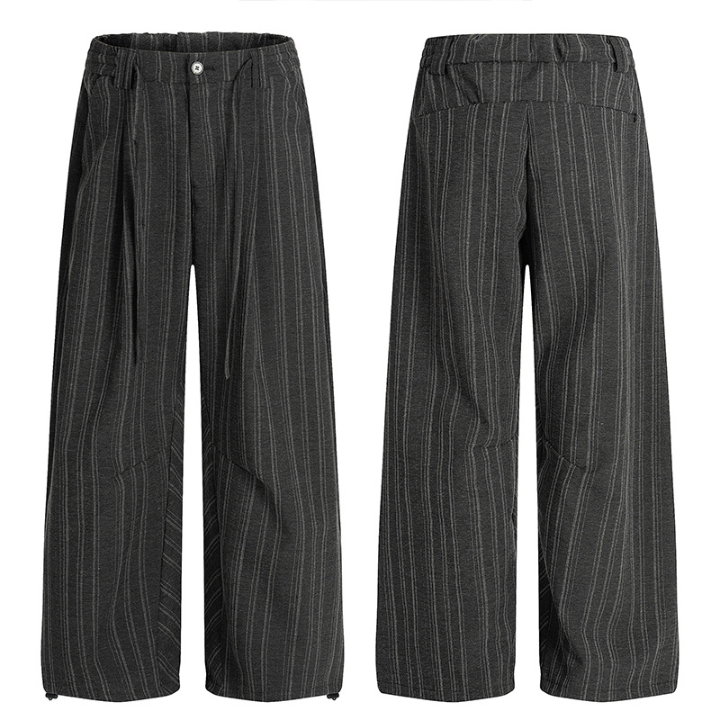 American retro gray striped distressed black casual wide-leg trousers, trendy and versatile for couples, with a flowing drape. - Image 5