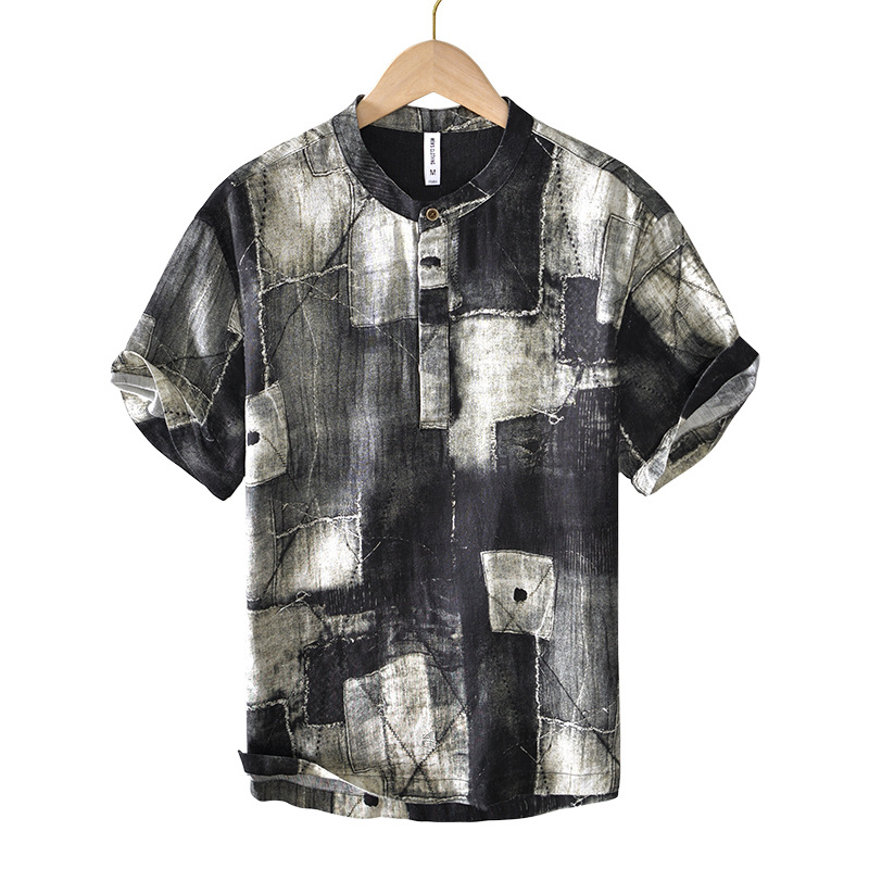 Chinese style linen short-sleeved shirt men's summer five-quarter sleeve top T-shirt stand collar loose pullover half-sleeved shirt