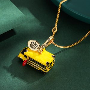 Enameled yellow car pendant, school bus keychain, bag charm, men's and women's jewelry, gift necklace