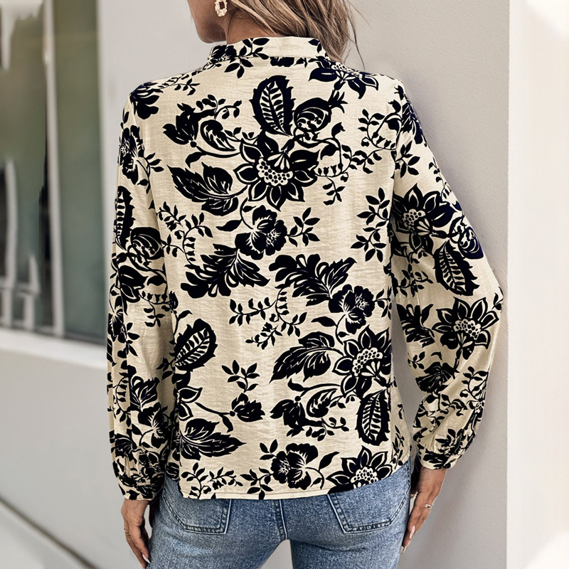 Amazon cross-border e-commerce, new autumn retro print shirt with stand collar, elegant and stylish women's shirt top. - Image 2