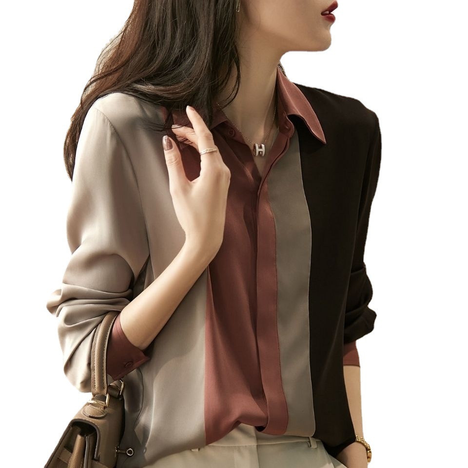 Color-blocking shirt long-sleeved women's autumn 2022 new shirt loose foreign style niche chiffon shirt professional wear top women - Image 4