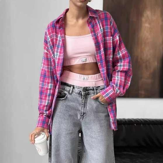 Amazon 2025 Spring and Autumn Cross-border Retro All-match Lapel Loose Shirt #Plaid Long Sleeve Pocket Women's Shirt - Image 2