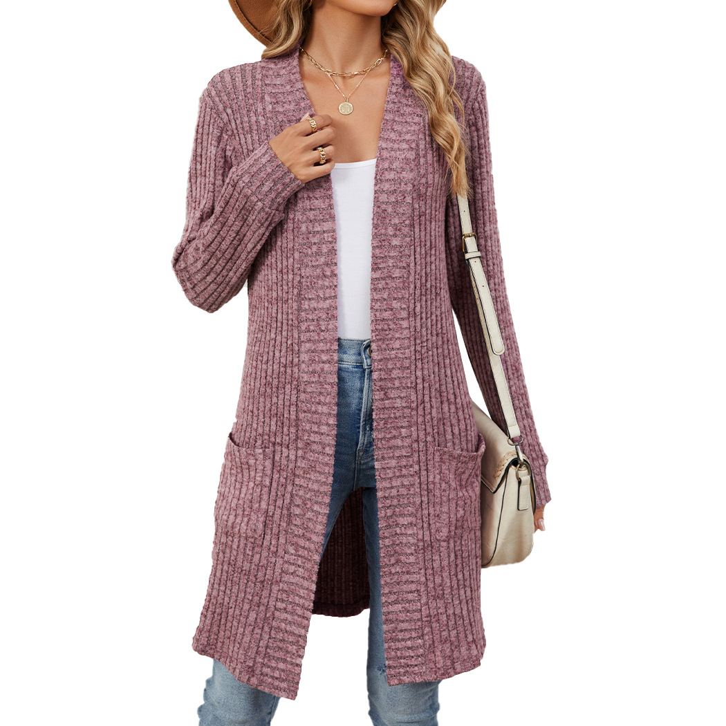 Amazon 2025 European and American Cross-border Foreign Trade Autumn and Winter Long Solid Color Long Sleeve Loose Pocket Cardigan Coat Women's Clothing - Image 6