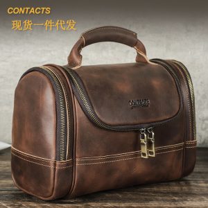 Black Angel Retro Crazy Horse Leather Multi-zipper Bag Hand-held Washing Bag Large Capacity Trendy Cosmetic Bag Storage Bag