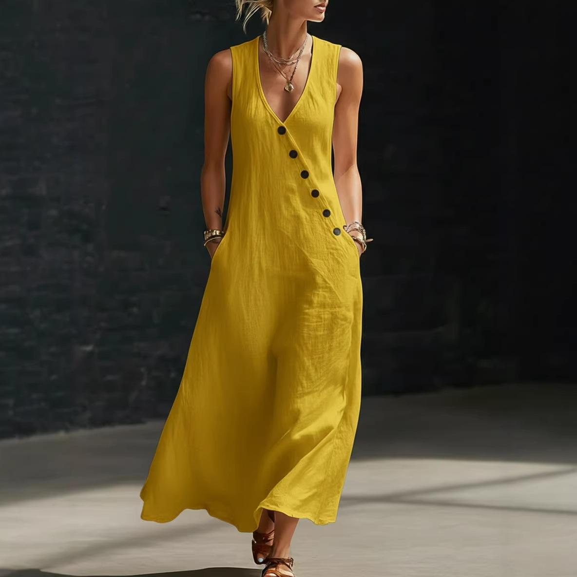 In stock Amazon summer cross-border V-neck sleeveless diagonal button vest dress long women's vacation casual dress - Image 8