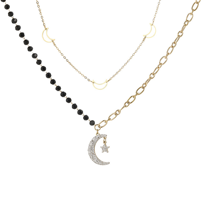 Xuping New Fashionable 14k Plated Black Beaded Star and Moon Double-Layer Necklace, Clavicle Chain - Image 3
