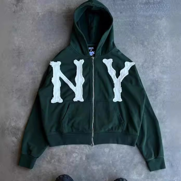 2024 European and American cross-border spring and summer new wholesale embroidered hooded cardigan full chain loose men and women trendy sweater jacket - Image 3