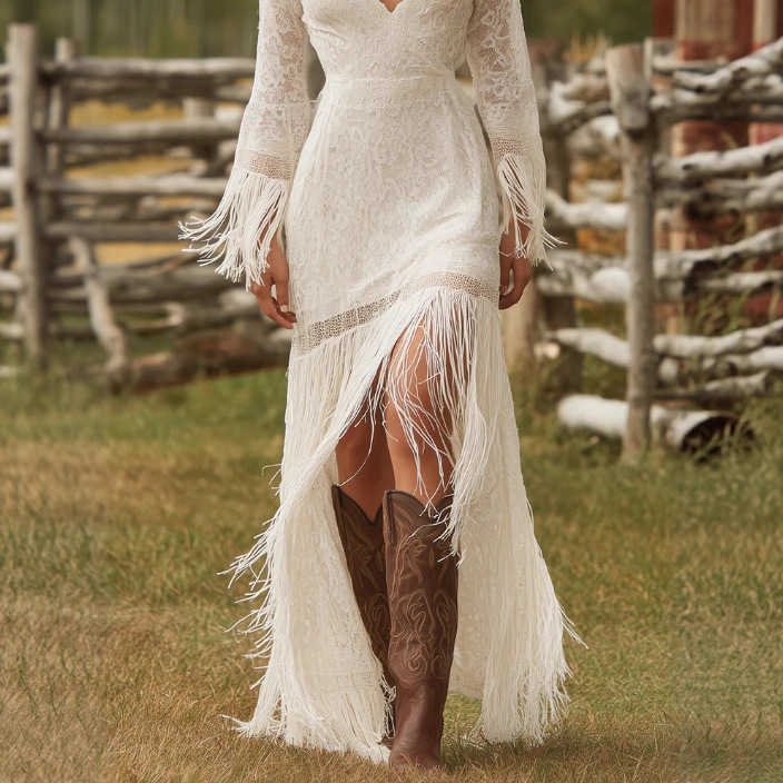 Retro white lace V-neck long-sleeved tassel short dress for European and American cross-border independent websites - Image 5