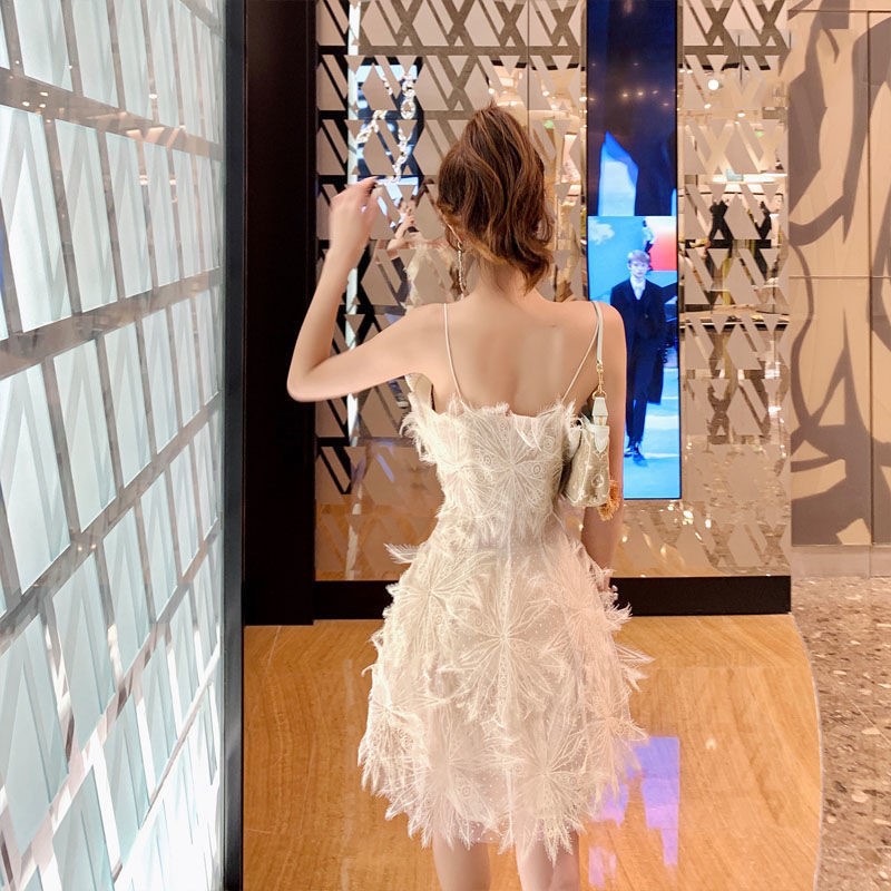 French white feather lace flower fairy dress suspender skirt hollow sexy waist chiffon dress first love skirt - Image 4