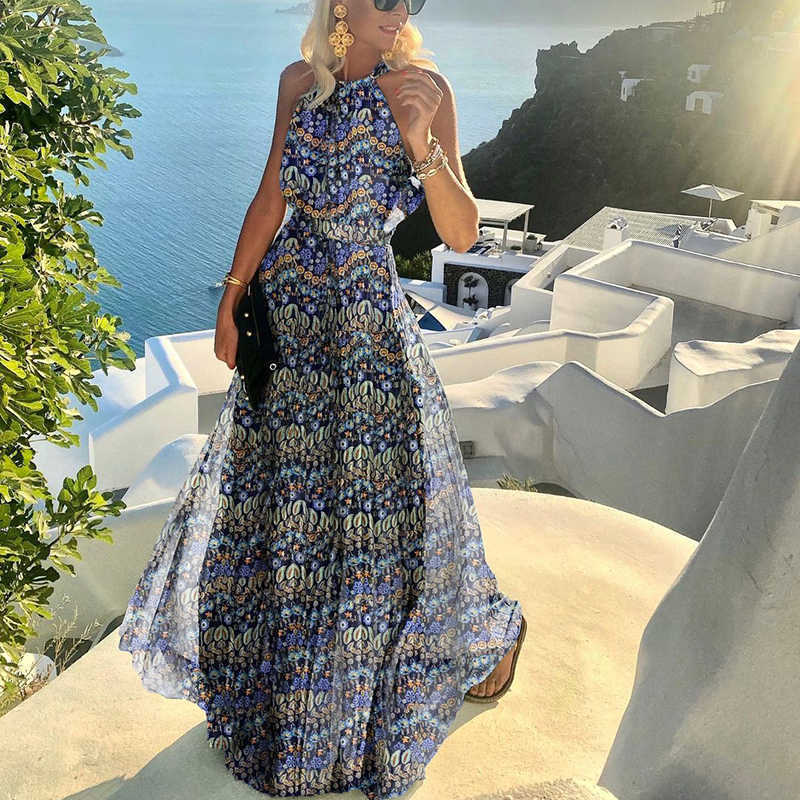2021 European and American foreign trade new style round neck sleeveless printed pleated dress women's dress long skirt - Image 8