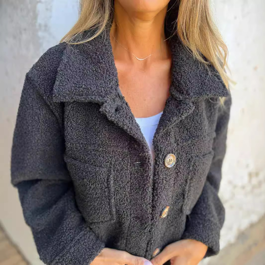 2024 European and American cross-border autumn and winter new lambskin patch pocket single row casual cardigan jacket for women ~ Independent station fast sale - Image 4