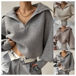 Amazon Bestseller 2025 European and American Export Spring and Autumn New Arrival Knitted Sweater Knitted Top Collared Pullover Women's Top