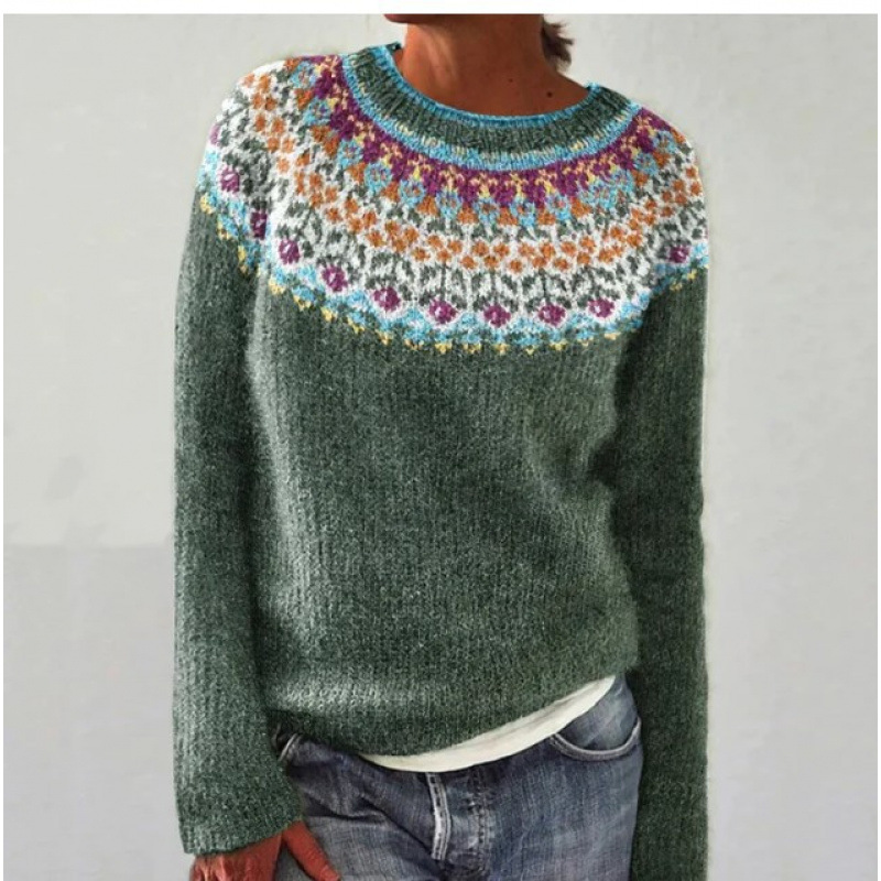 Amazon European and American new sweater women wish hot sale round neck color matching loose fashion pullover sweater - Image 13