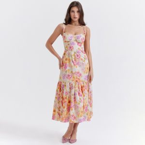 Printed Suspender Dress with Ruffled Floral Detail