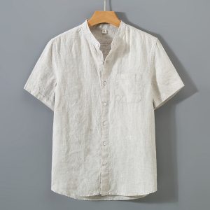Summer linen short-sleeved shirt for middle-aged men's business casual pure linen pocket shirt loose cardigan half-sleeved linen clothing