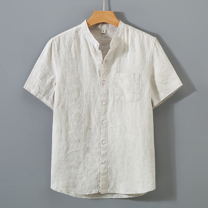 Summer linen short-sleeved shirt for middle-aged men's business casual pure linen pocket shirt loose cardigan half-sleeved linen clothing