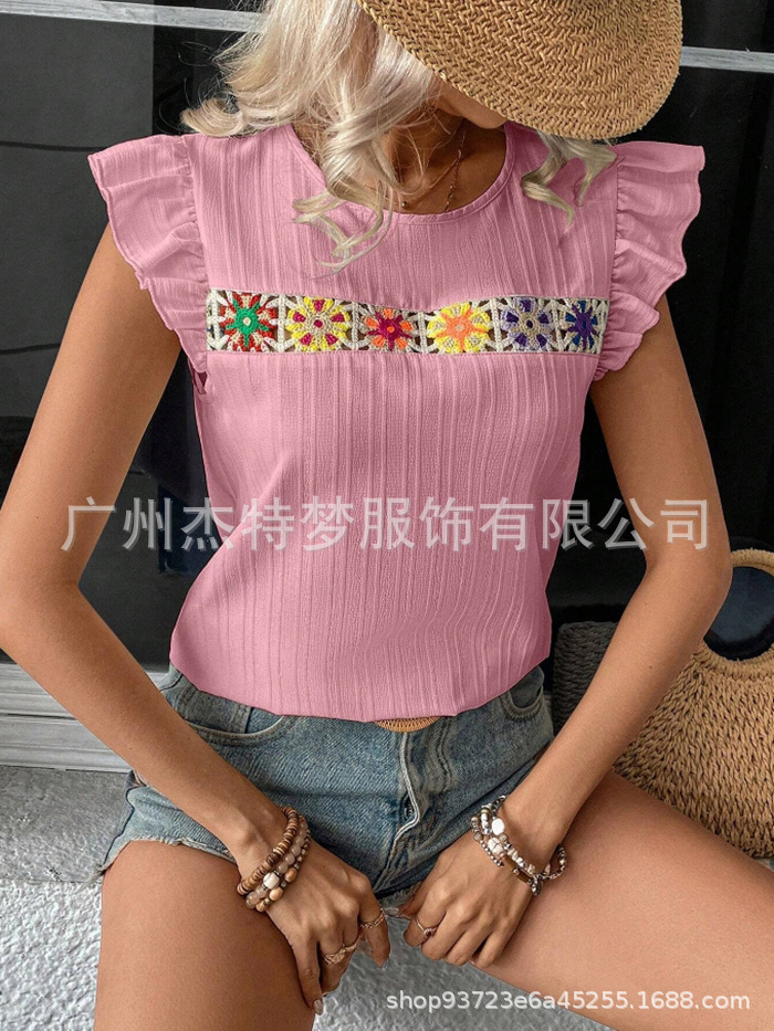 2025 European and American cross-border women's clothing Amazon independent website spring/summer new crochet hollowed-out lace short-sleeved shirt top - Image 11