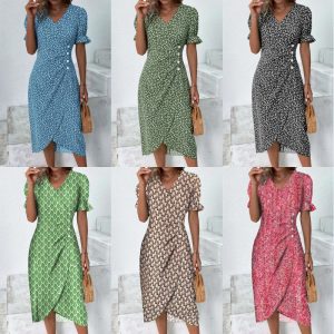2024 Summer New Arrival - Hot Selling Geometric Patchwork Puff Sleeve Irregular Hem Dress for Women