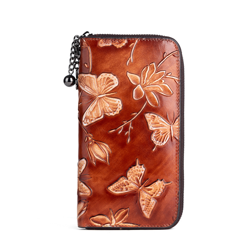 2025 new top layer cowhide handbag women's Chinese style embossed rubbed color long wallet fashion retro clutch bag - Image 5