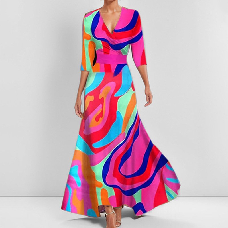European and American style 2025 new women's fashion, elegant V-neck short-sleeved printed waist-cinching long dress - Image 5