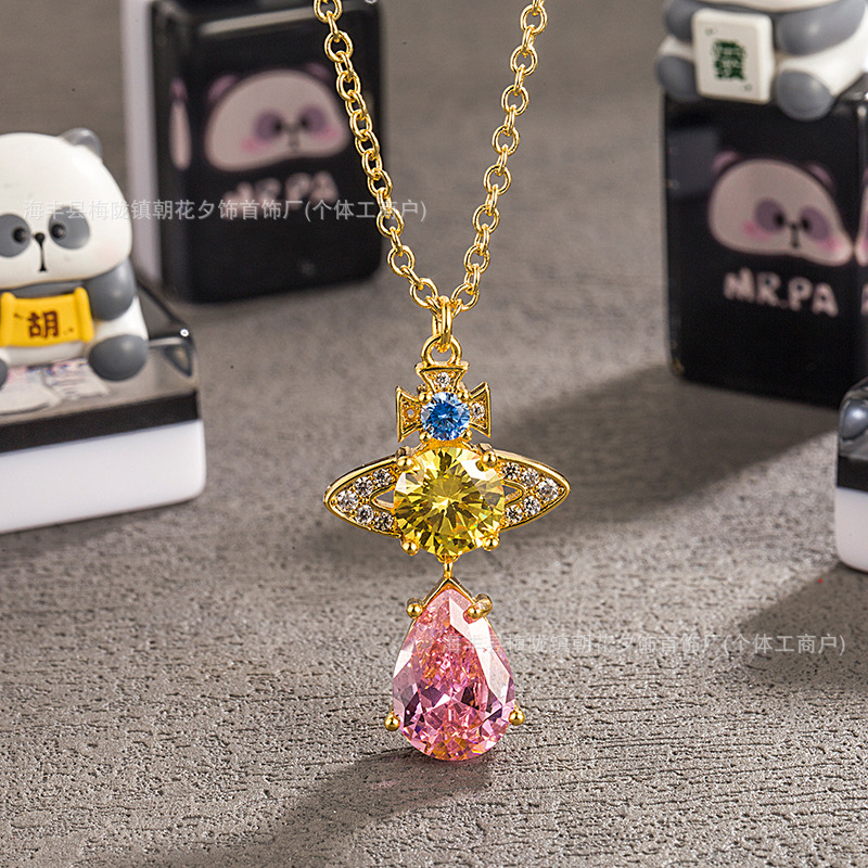 High-quality, thick gold-plated, Xijia Empress Dowager Saturn element mermaid tears multi-colored diamond teardrop long necklace for women. - Image 3
