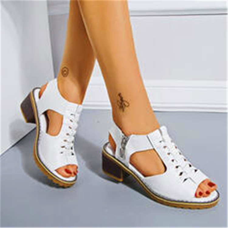 2024 summer new women's shoes Korean style thick heel sandals side zipper casual wedge heel solid color thick heel large size sandals for women - Image 3