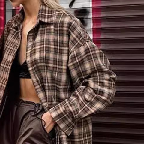 2024 European Station Cross-border Spring Retro Plaid Shirt Women's Long Design Base Plaid Shirt Loose Fit - Image 5