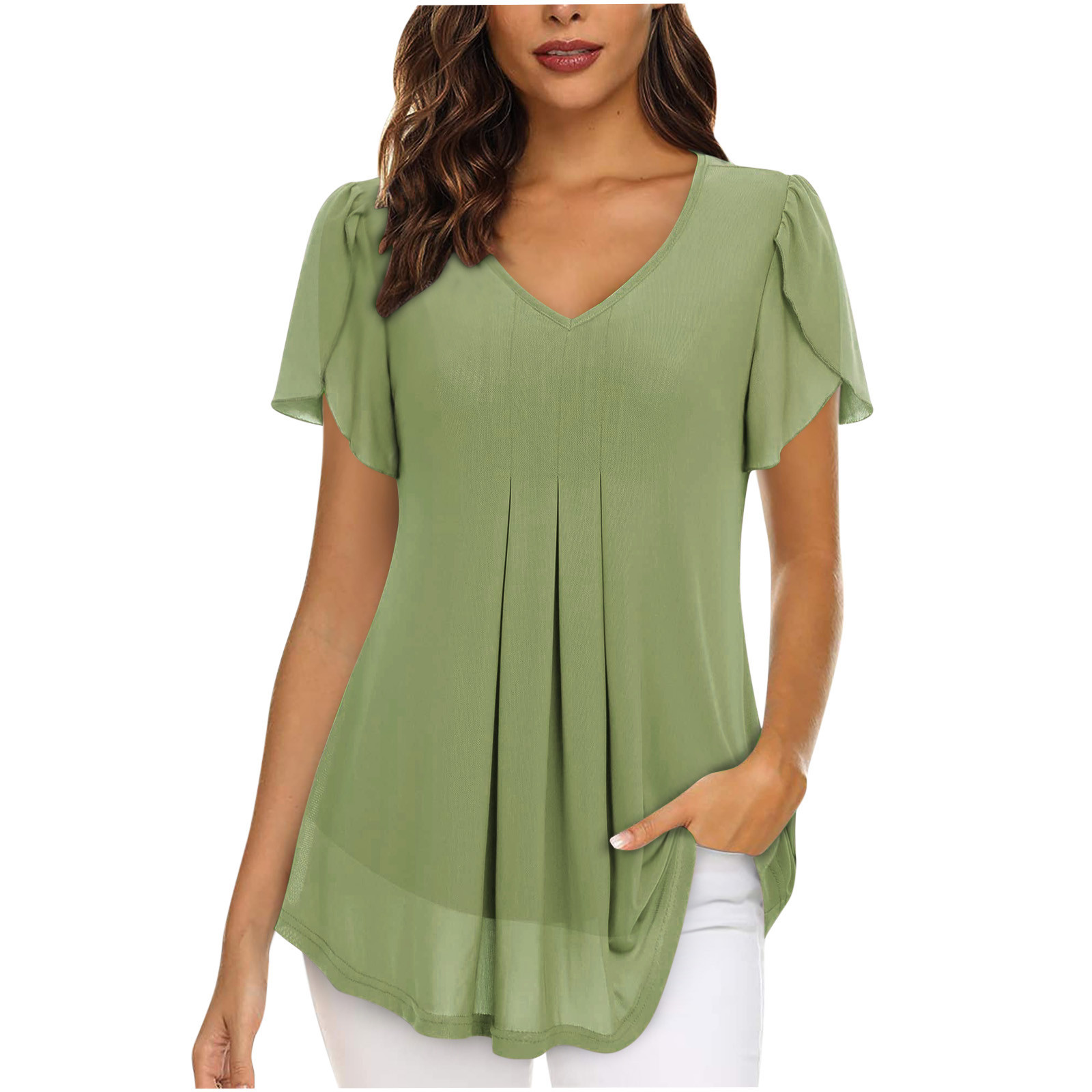 2023 European and American style women's chiffon blouse with petal-shaped short sleeves, waist-cinching top, summer casual T-shirt with pleats - Image 12