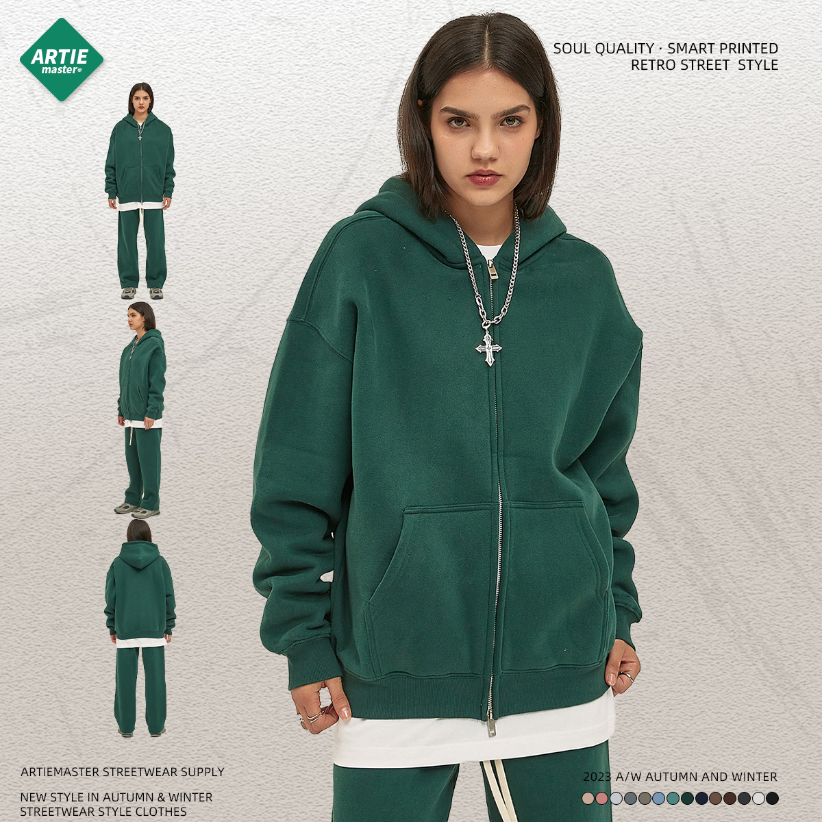 ARTIE Men's Wear-2024 Autumn and Winter New Products Plus Velvet 350G Double-Head Zipper Cardigan Loose Fashion Brand Hooded Sweatshirt - Image 4