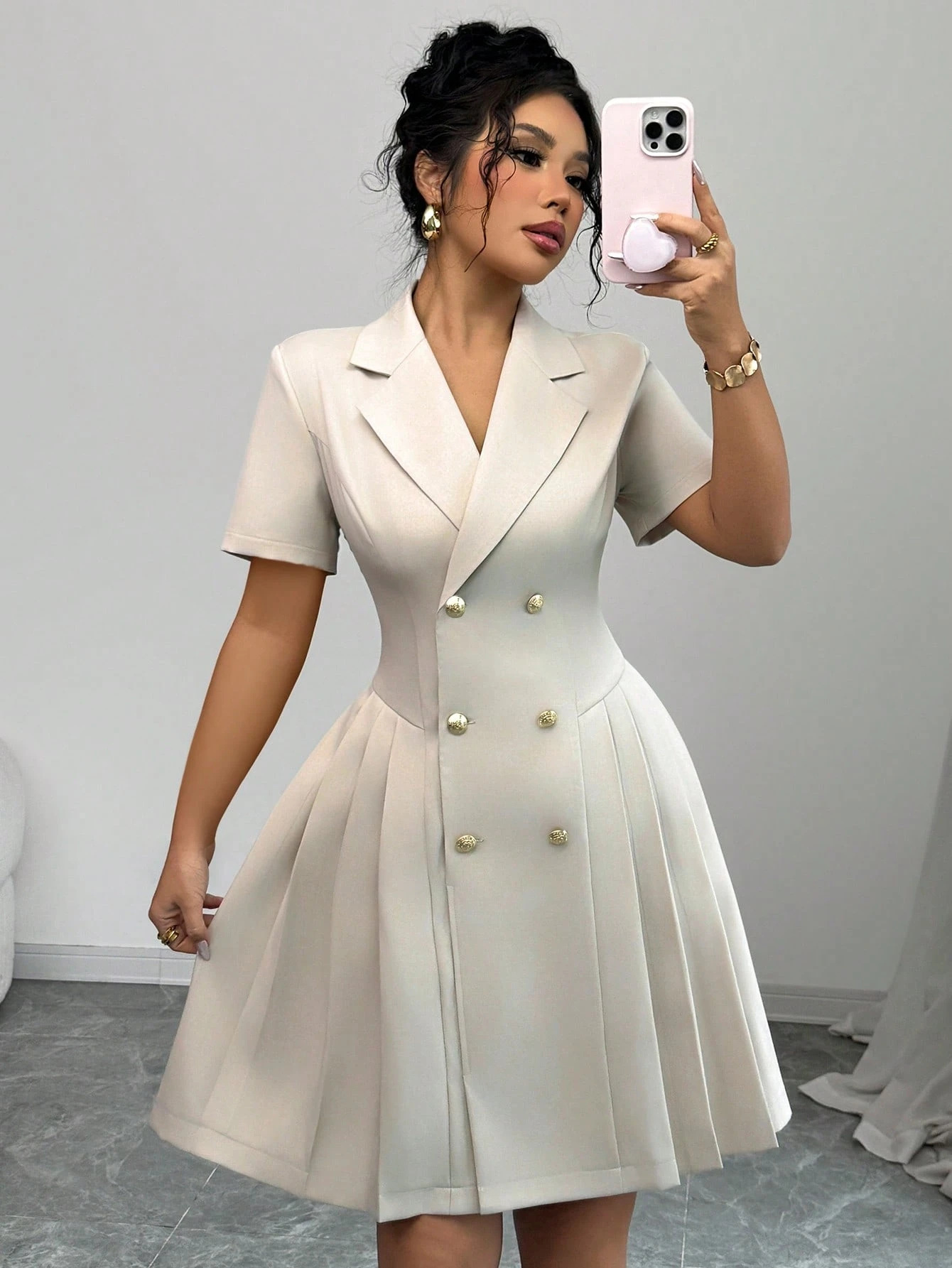 2025 Amazon AliExpress Summer New Solid Color Short-Sleeve Slim Waist Double-Breasted Dress for Women - Image 9
