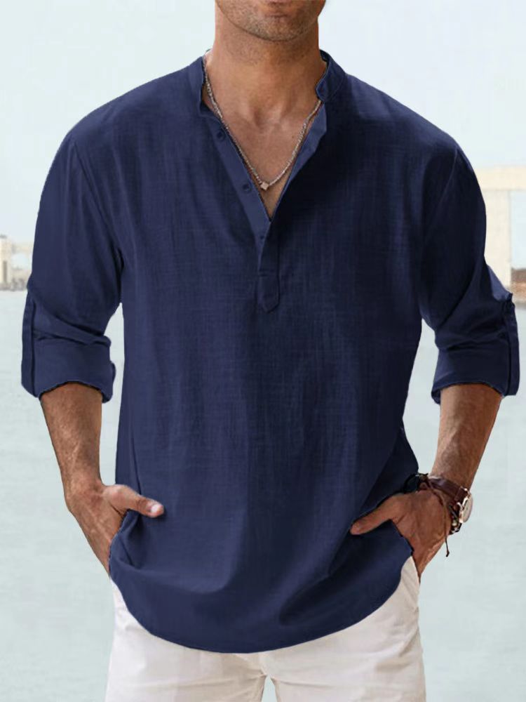 Summer New Casual Men's Loose Fit Stand Collar Sports Solid Color Long Sleeve Pure Cotton Shirt Plus Size Available - Image 16