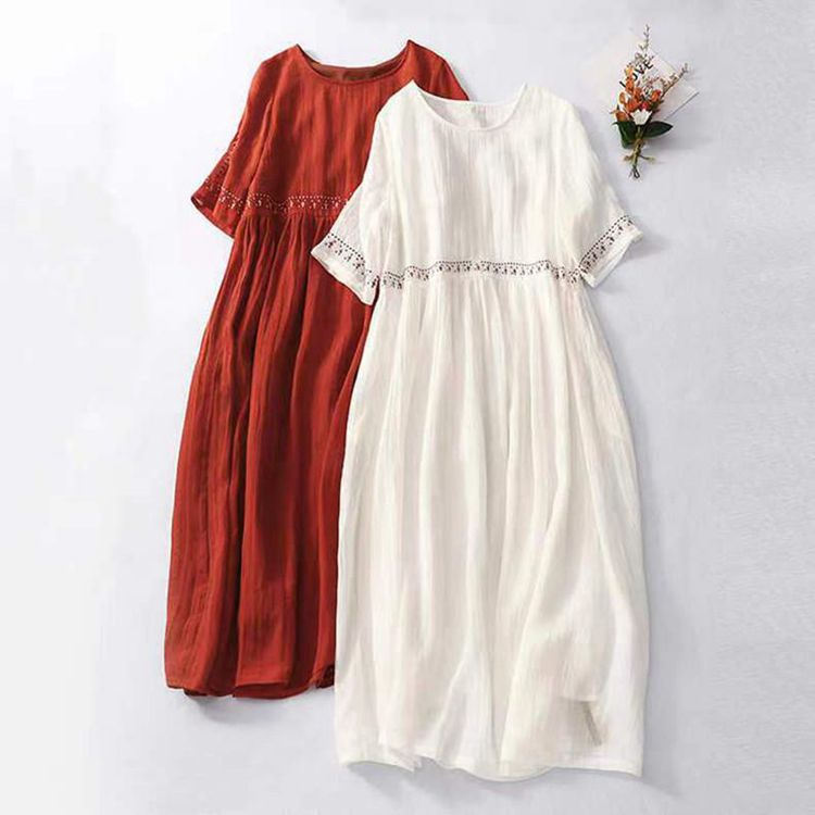 2025 Summer Plus Size High-End Dress for Curvy Women, Artistic Retro Loose Fit, Embroidered Cotton Linen, Wide Swing, Short Sleeve, Mid-Length