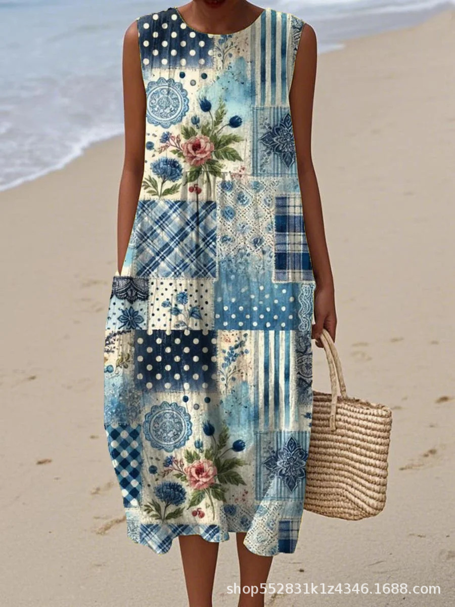2025 European and American spring and summer new sleeveless casual printed temperament long dress slim small fresh casual dress - Image 16