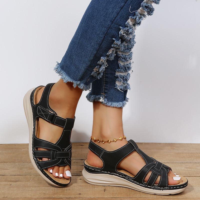 2022 cross-border Rome spring fashion retro cross women's sandals car line light soft bottom wedge comfortable sandals women - Image 3