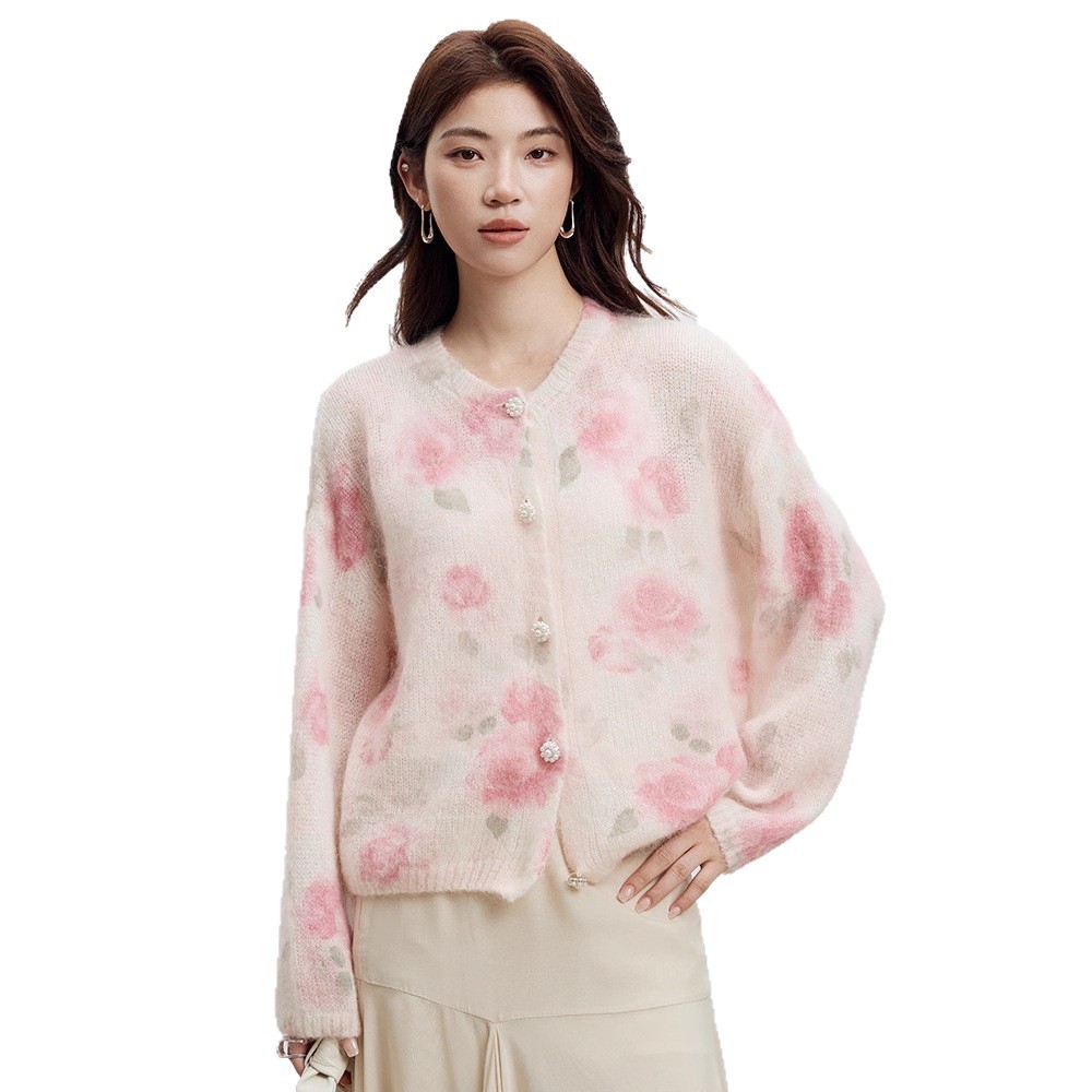 Rose Print Mohair Sweater Women's Long-Sleeved Knit Cardigan 2026 Spring New Style Soft and Loose Wool Coat - Image 6
