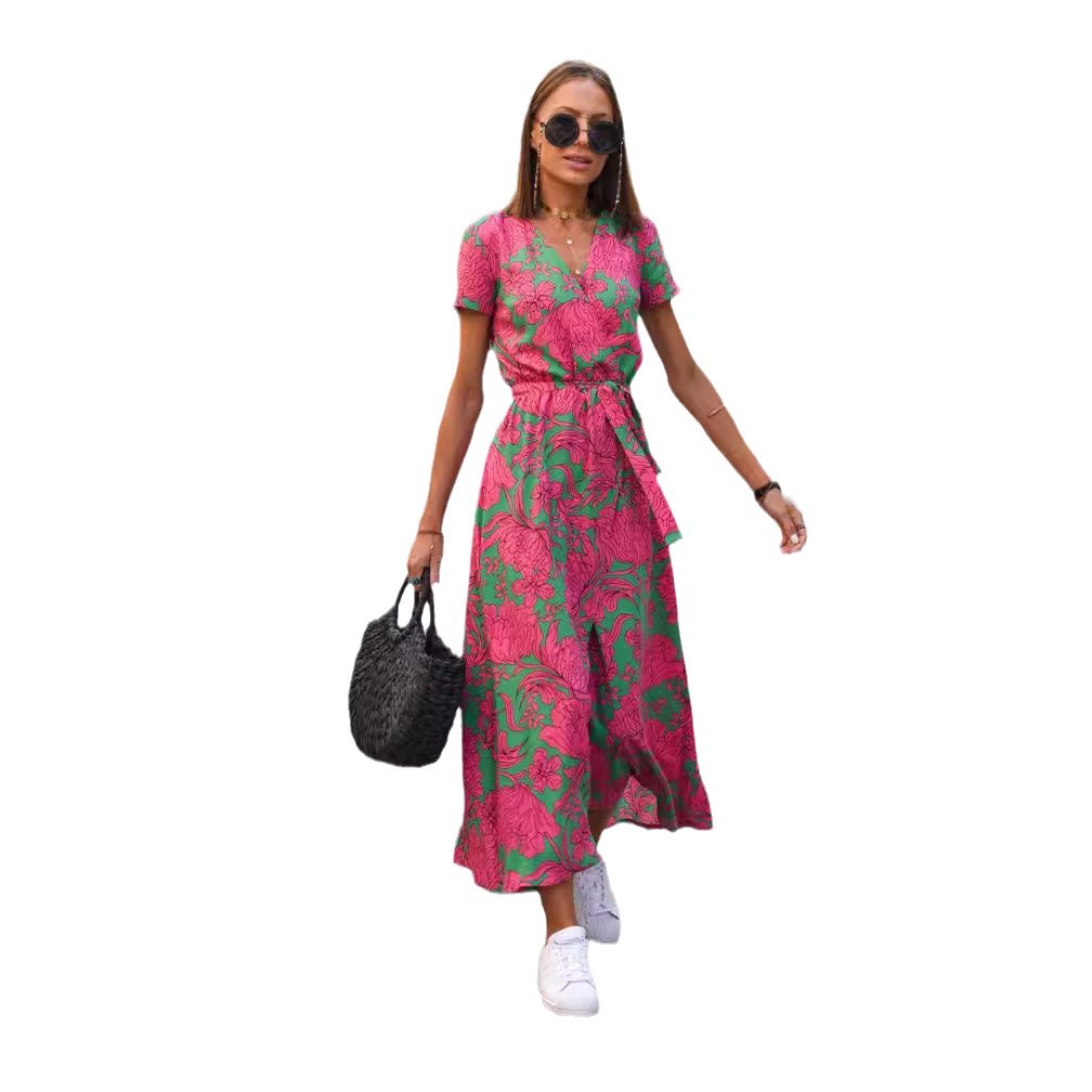 Amazon hot sale new summer European and American printed V-neck short-sleeved lace-up adjustable waist slit long skirt dress - Image 5