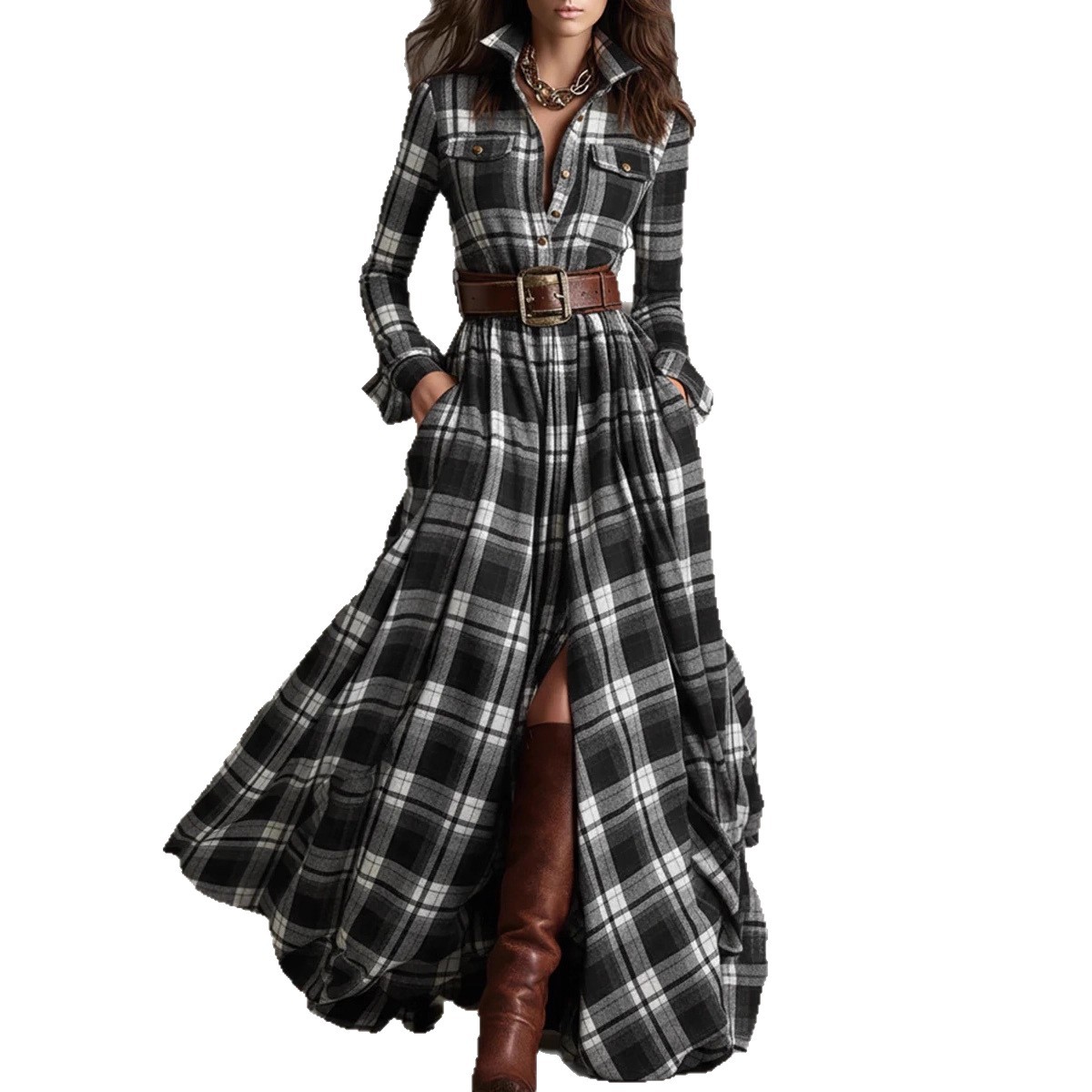 2025 European and American cross-border women's clothing, French retro plaid dress, new style from Amazon independent website. - Image 5