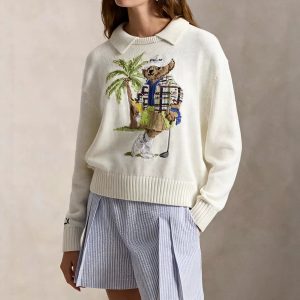 Scannable QR code R-L High-quality Autumn/Winter Pure Cotton Round Neck Knitted Long-Sleeve Tropical Golf Bear Cartoon Sweater for Women