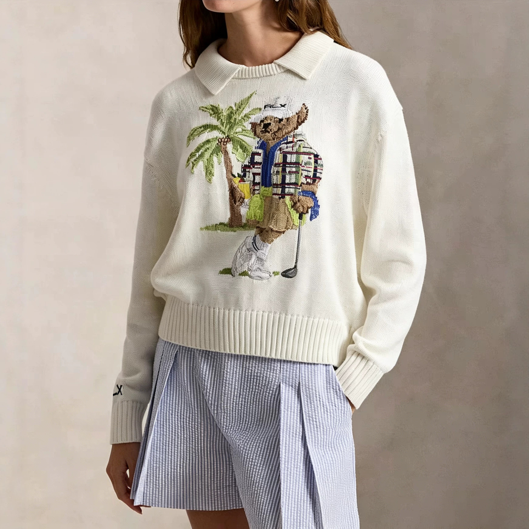 Scannable QR code R-L High-quality Autumn/Winter Pure Cotton Round Neck Knitted Long-Sleeve Tropical Golf Bear Cartoon Sweater for Women
