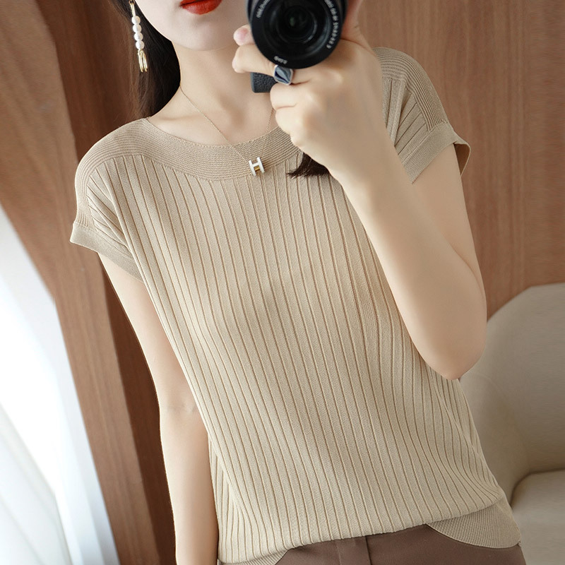 Ice silk knitted sweater women's loose short-sleeved thin t-shirt 2023 summer new inner top with one word collar thin outer wear - Image 8